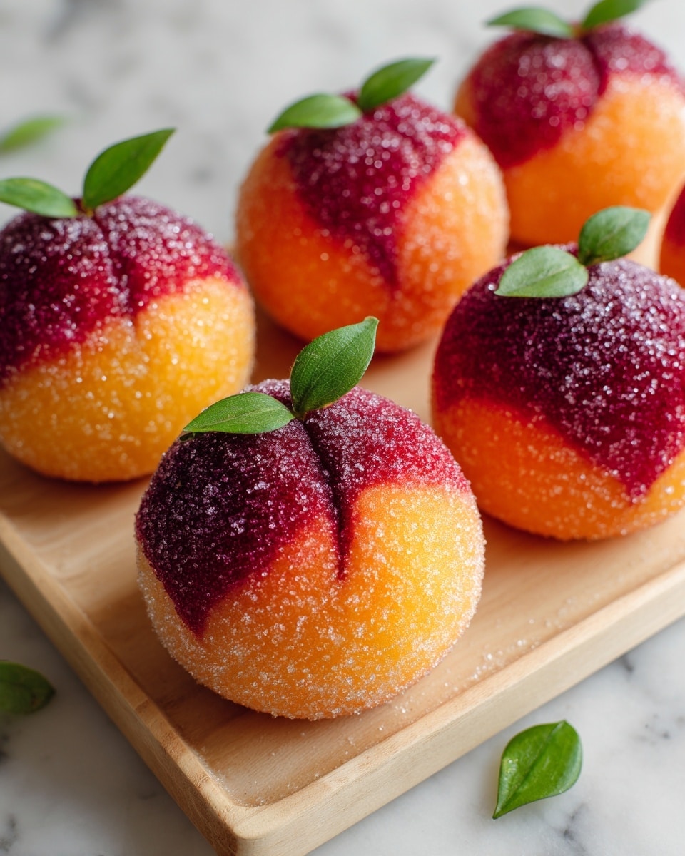 The image shows six round pastries shaped and colored like peaches, arranged on a light wooden tray placed on a white marbled surface. Each pastry has two layers: a bright orange outer layer on the bottom half and a deep red outer layer on the top half, both covered in sugar crystals giving a rough texture. The seam between the two colored halves is around the middle, making them look like whole peaches. Each pastry is topped with two small green leaves attached near the center, adding a fresh touch. Some green leaves are scattered on the white marbled surface around the tray. The colors and textures are vivid and detailed, highlighting the sugar coating and the soft look of the pastries. photo taken with an iphone --ar 4:5 --v 7