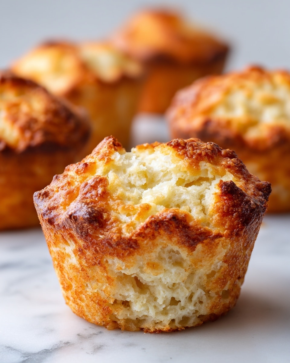 The image shows a close-up of a golden-brown muffin with a cracked top, revealing a soft, white, fluffy inside with a light and airy texture. The muffin's crust is crispy and slightly uneven, showing toasted edges. Around the main muffin, there are blurred golden-brown muffins in the background, all placed on a white marbled surface. The focus is on the front muffin with great detail on the crumb texture. Photo taken with an iphone --ar 4:5 --v 7