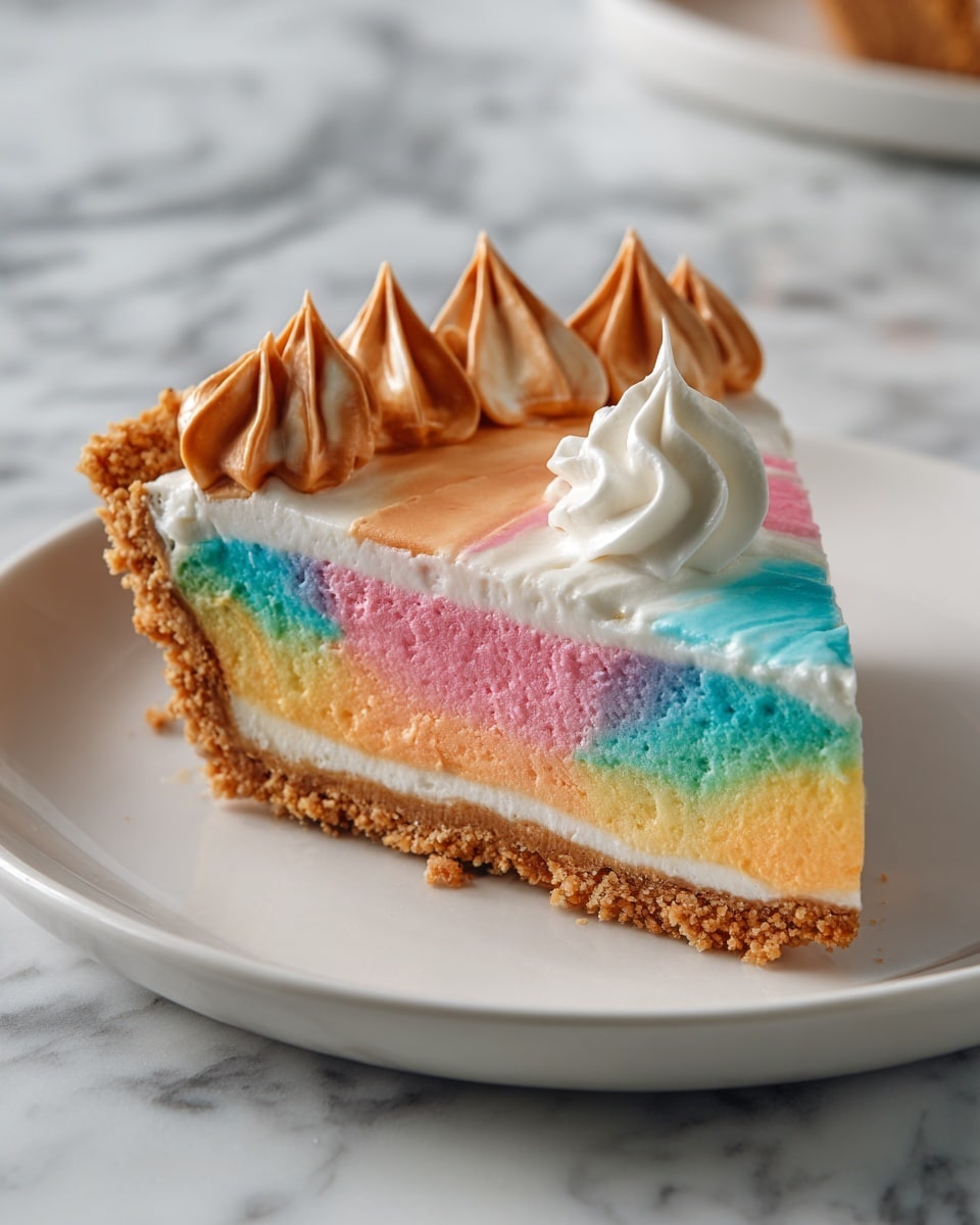 A slice of colorful pie sits on a white plate with a crumbly brown crust on the bottom and side. The pie filling has three visible layers with swirled colors: pink at the bottom, blending into orange, then blue, yellow, and green in the middle and top parts, creating a smooth, glossy texture. The pie's crust edge is thick and golden brown, with swirled peaks of toasted beige cream and a small dollop of white whipped cream near the center top. The plate is placed on a white marbled surface with a blurred kitchen background. Photo taken with an iphone --ar 4:5 --v 7