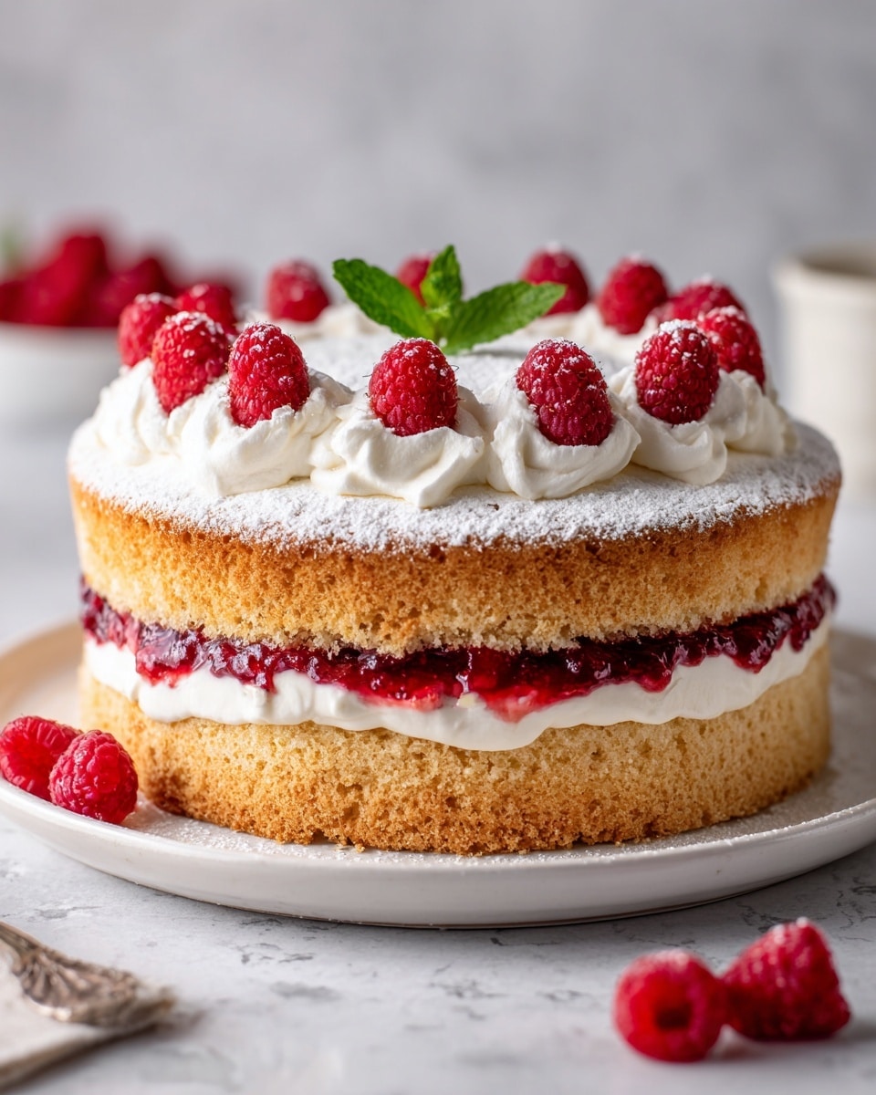 A round cake with three main layers sits on a white plate over a white marbled surface. The bottom and top layers are golden brown sponge cake with a rough texture and powdered sugar dusting. The middle layer is thick white cream with a bright red raspberry filling that is slightly oozing out. The top of the cake is decorated with smooth white whipped cream, fresh red raspberries, and a small green mint leaf in the center. Some raspberries rest on the plate around the cake. photo taken with an iphone --ar 4:5 --v 7