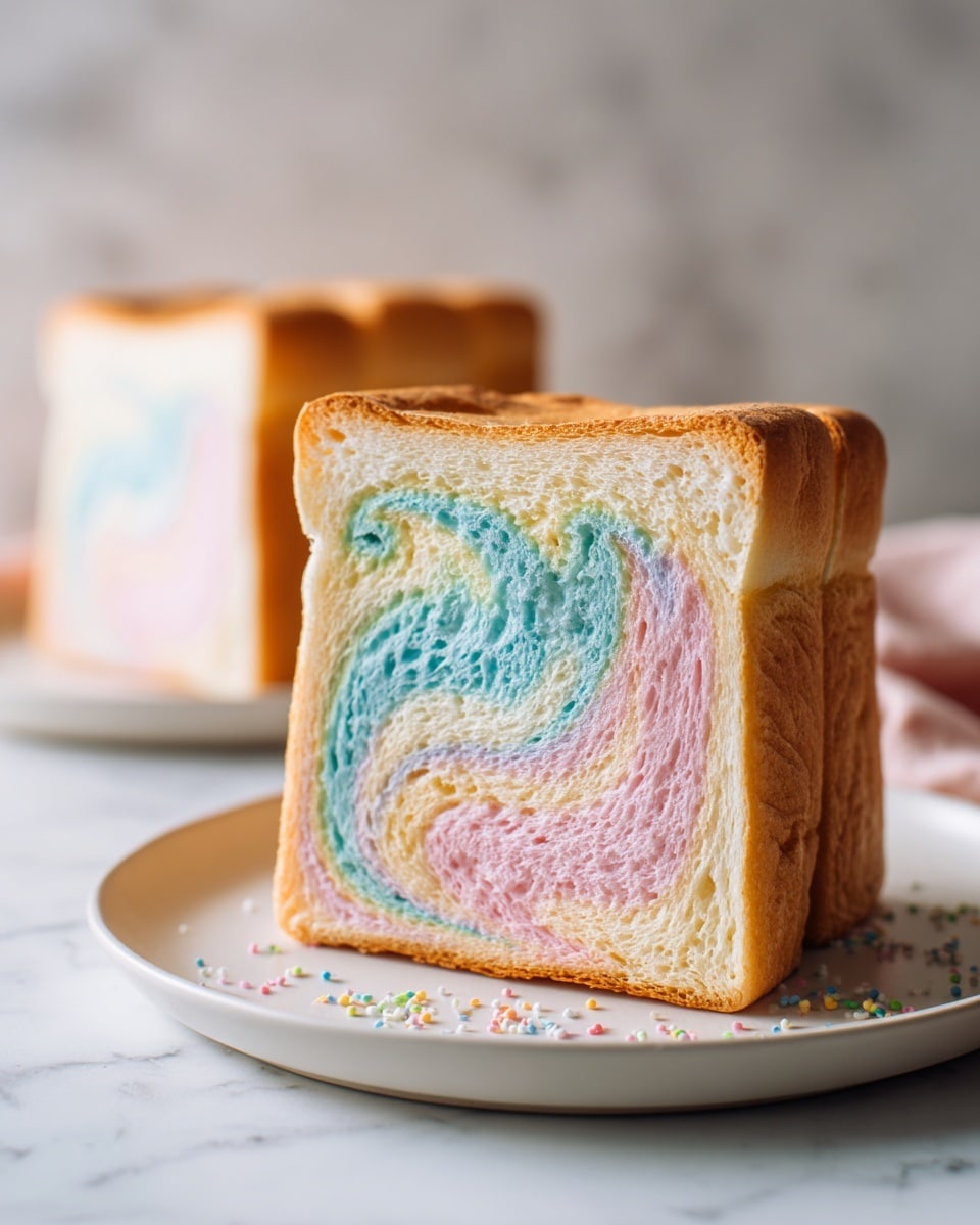 A thick rectangular slice of bread showing three visible layers of soft, fluffy texture swirled inside, featuring pastel colors of light pink, baby blue, and pale yellow blending smoothly in a marbled pattern. The crust is light golden brown and surrounds the colorful inside. The bread sits on a plain white plate, placed on a white marbled surface, with soft natural light giving a warm tone. In the background, there is a blurred similar piece of bread. photo taken with an iphone --ar 4:5 --v 7