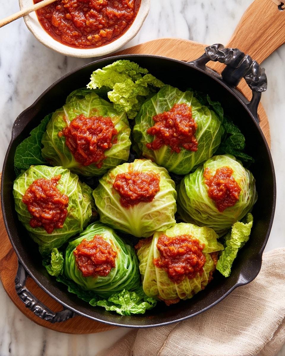 A black cast iron pan filled with seven cabbage rolls, arranged in two rows. Each roll is wrapped tightly with bright green cabbage leaves showing clear veins, and some rolls are topped with a thick red tomato sauce with a chunky texture. Inside the rolls, there is a visible brownish filling of cooked meat and rice. The pan sits on a light wood board, with fresh green leafy lettuce peeking from the top side. A white bowl with extra chunky tomato sauce is placed to the left of the pan, and a beige cloth rests on the right side on a white marbled surface. Photo taken with an iphone --ar 4:5 --v 7