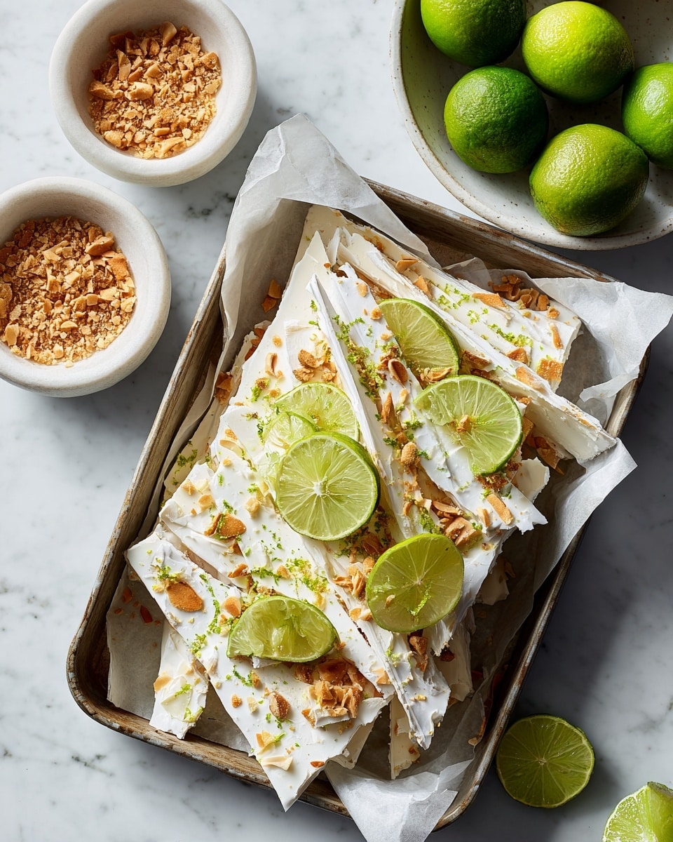 The image shows a metal tray lined with white parchment paper holding broken pieces of white-colored bark layered with small, golden brown toasted bits and small green lime zest sprinkled on top. Among the bark pieces, several thin, round slices of bright green lime are placed on top and between the layers. The tray is placed on a white marbled surface with three white bowls around it, one filled with light brown crumbs or crushed nuts, another with whole green limes, and the third with toasted bits similar to those on the bark. The overall look is fresh with a mix of creamy white, green, and golden brown colors. Photo taken with an iphone --ar 4:5 --v 7