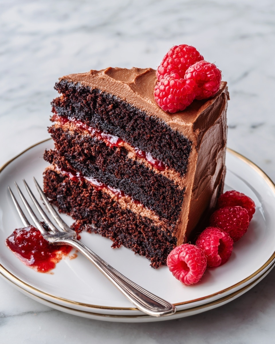 A slice of rich chocolate cake with three layers is placed on a white plate with a thin gold rim, set on a white marbled surface. Each chocolate cake layer is dark brown and moist, separated by two thin, bright red raspberry jam layers. The cake is frosted with thick, smooth light brown chocolate cream on the outside and top edges. A few fresh red raspberries sit on the plate, one leaning against the cake. A silver fork lies on the plate to the left of the cake, and some raspberry jam is smeared on the plate near the slice. Photo taken with an iphone --ar 4:5 --v 7