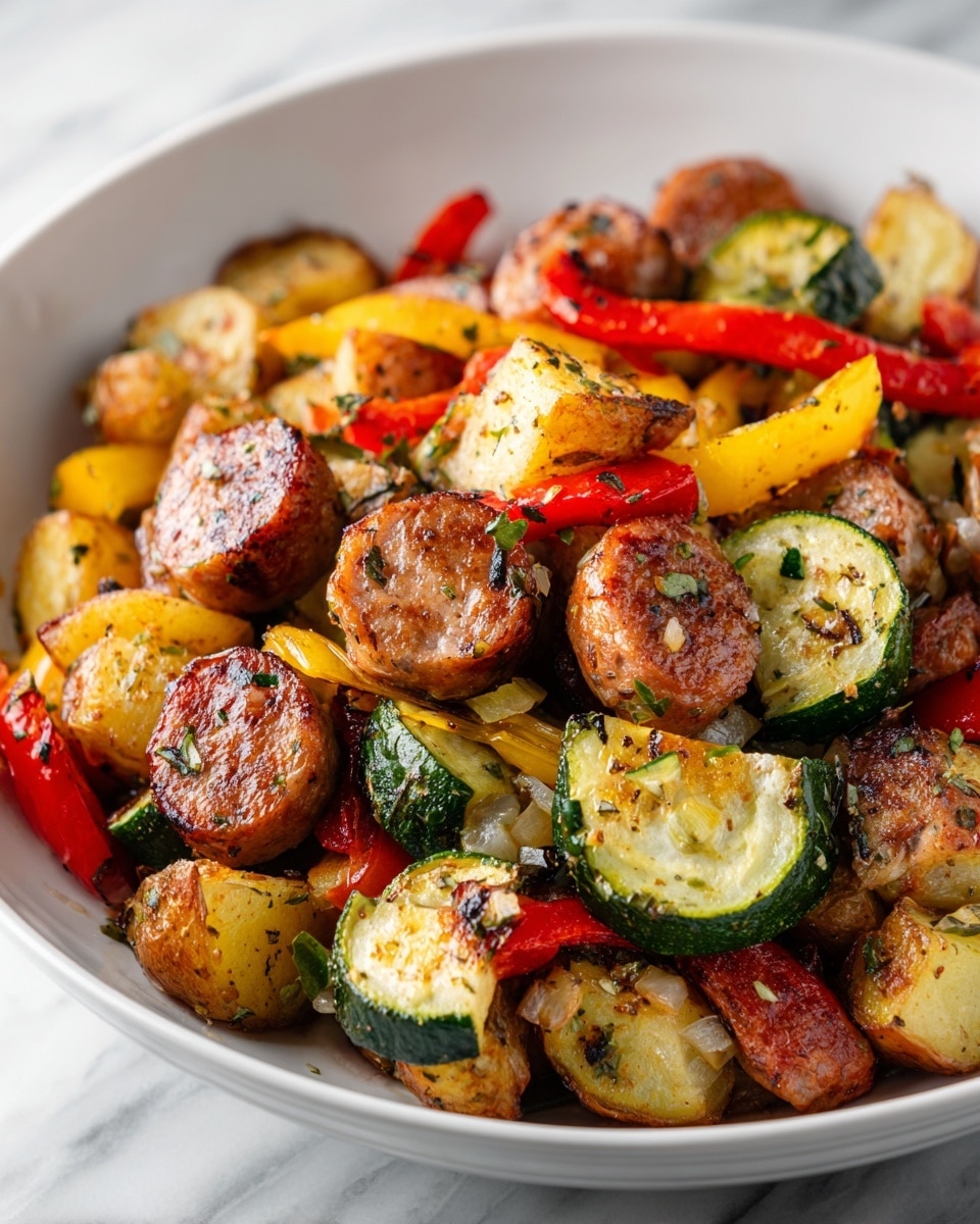 A close-up of a shallow white bowl filled with one layer of cooked food, showing a mix of browned sausage slices with a slightly crispy texture, mixed with roasted potato chunks that have a golden color and light char marks. Scattered throughout are bright pieces of red and yellow bell peppers and cooked zucchini slices with green skin and a soft interior. Small bits of herbs and onions are spread evenly over the dish, adding specks of green and translucent white. The bowl is placed on a white marbled surface, and the lighting highlights the glossiness of the cooked ingredients. Photo taken with an iphone --ar 4:5 --v 7