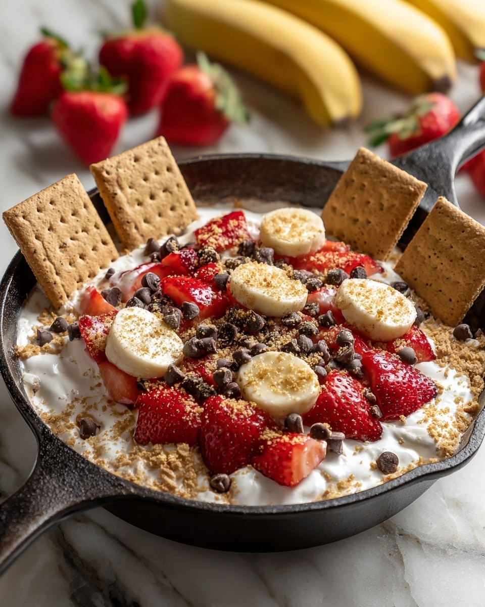 The image shows a black cast iron pan with a layered dessert inside. The bottom layer appears to be melted marshmallows, white and gooey, covering the pan's base. On top, there are bright red strawberry slices and golden-brown toasted banana chips scattered around. Small dark brown chocolate chips are spread all over, adding texture and color contrast. Around the edges of the pan, several large beige graham cracker pieces stand upright, partially dipped into the marshmallow layer. The pan sits on a white marbled surface with some bananas blurred in the background. photo taken with an iphone --ar 4:5 --v 7