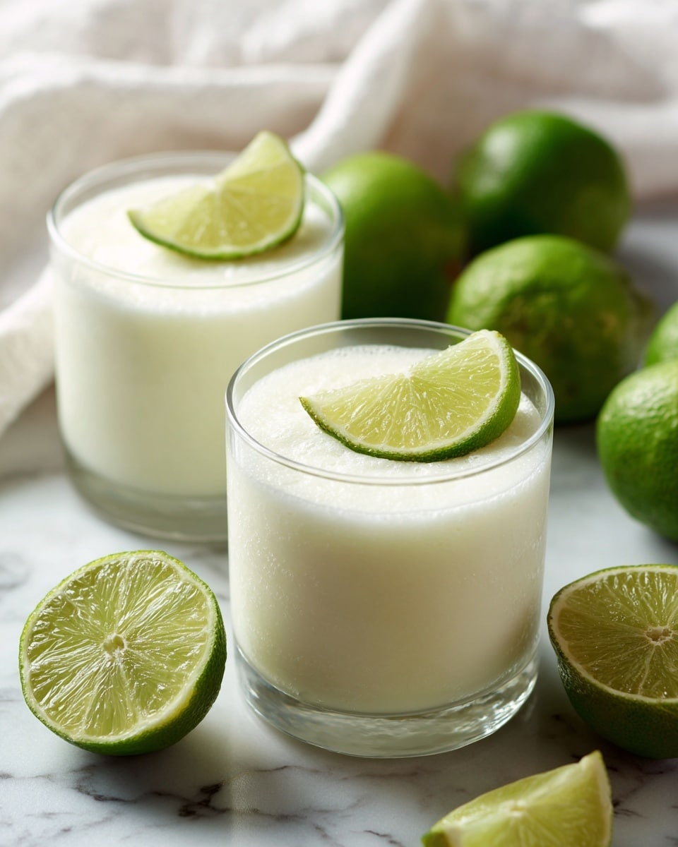 The image shows two clear glasses filled with a thick, creamy white drink that looks smooth and frothy on top. Each glass has a thin slice of lime placed on its rim, adding a fresh green color contrast. Behind these, there are whole and half limes scattered casually on a white marbled surface, enhancing the fresh feel. The background includes a white cloth, slightly blurred to keep focus on the drinks. photo taken with an iphone --ar 4:5 --v 7
