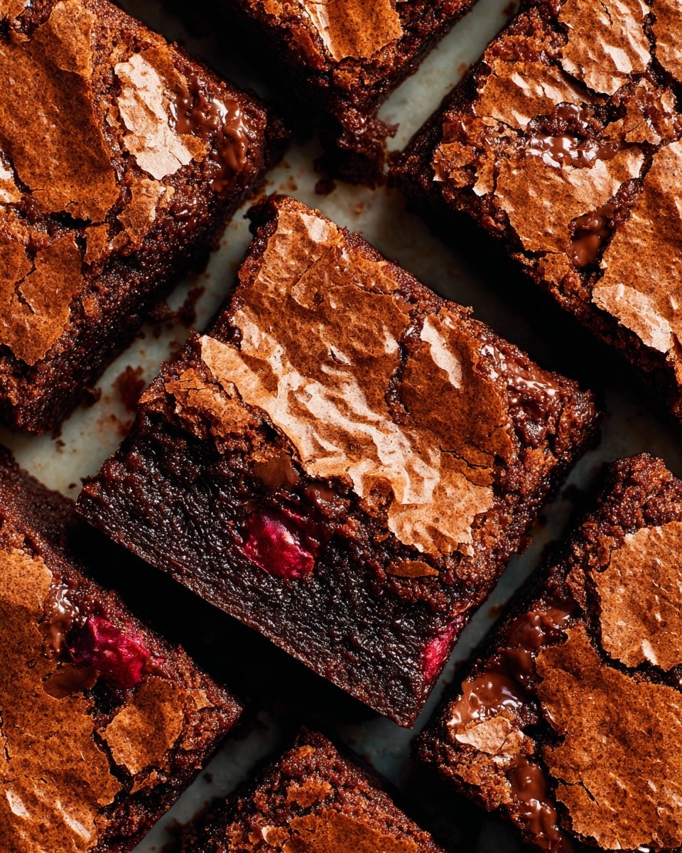 The image shows close-up pieces of chocolate brownies with a cracked, slightly rough top layer in rich dark brown color, revealing a gooey, melted chocolate layer just beneath. There are hints of red berry bits scattered throughout, adding pops of red to the deep brown base. The brownies are cut into squares and placed on a white marbled surface, focusing tightly on the texture and melted chocolate that oozes out between the soft, dense layers. photo taken with an iphone --ar 4:5 --v 7