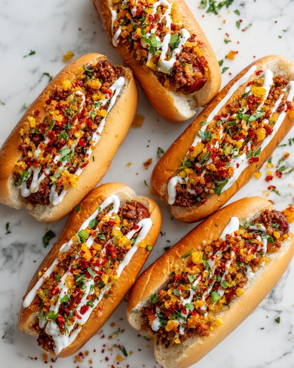 Four mini sandwiches are placed in a neat grid on a white marbled surface. Each sandwich has a soft, shiny golden-brown bun sliced open horizontally. Inside, a dark filling forms the base layer, topped by crumbled bright red and yellow crunchy bits scattered generously. Small green herb pieces sprinkle over the top and some white sauce drizzles add light contrast. Around the sandwiches, more crunchy crumbs and herb bits are scattered casually on the surface. photo taken with an iphone --ar 4:5 --v 7