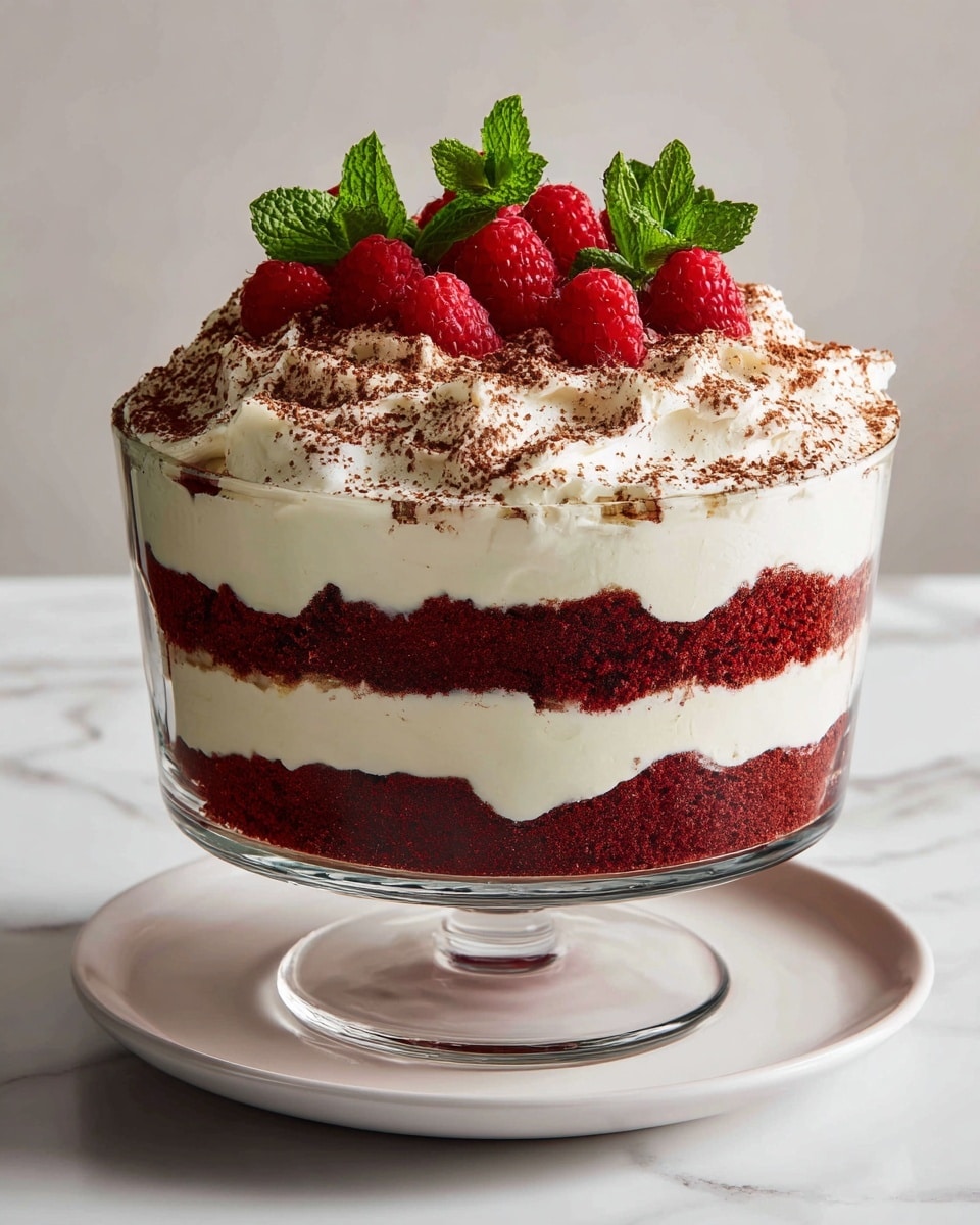 A clear glass trifle bowl holds a dessert with three thick layers: the bottom layer is deep red cake, the middle layer is thick white cream, and the top cake layer is again deep red. On top of this is a thick, fluffy white whipped cream layer sprinkled with light brown cocoa powder. Fresh red raspberries and bright green mint leaves are arranged in the center on top, adding a fresh look. The bowl sits on a white plate placed on a white marbled surface. The photo taken with an iphone --ar 4:5 --v 7
