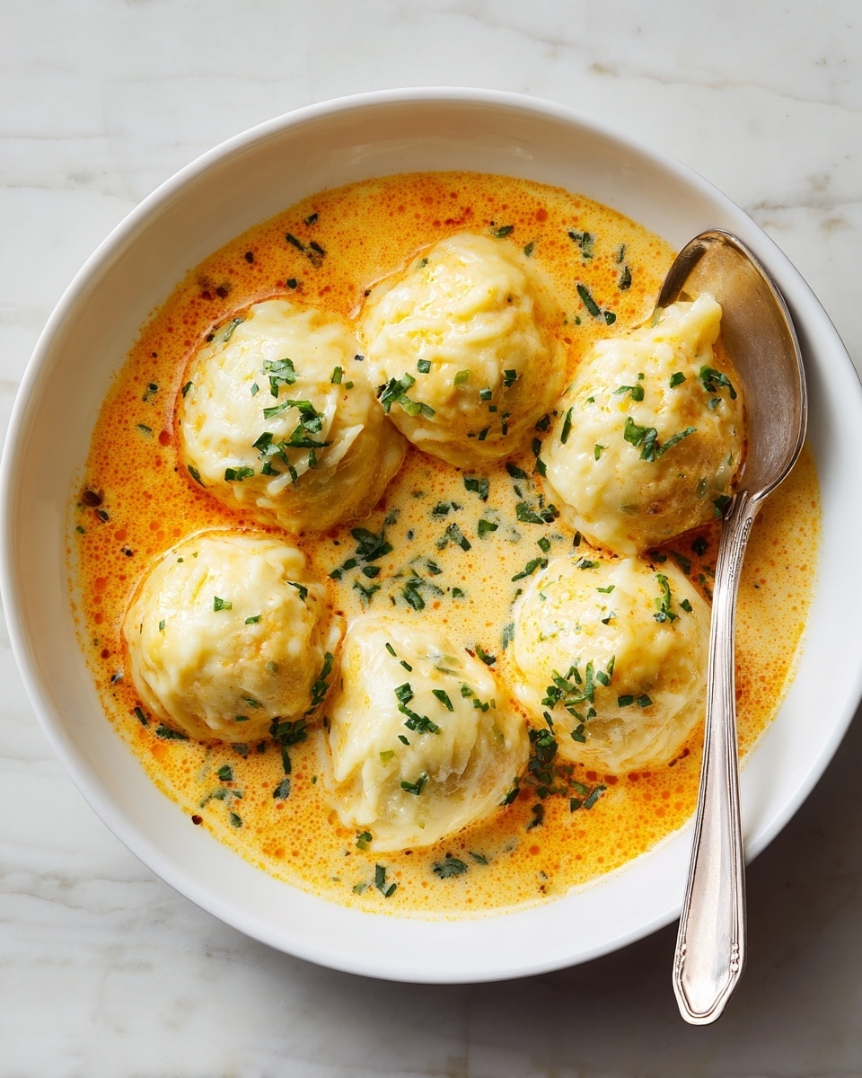 A white bowl filled with five plump, pale yellow dumplings resting in an orange creamy broth. The dumplings have soft, crinkled edges and a smooth texture, with small pieces of chopped green herbs sprinkled evenly on top. A silver spoon is partially submerged on the right side of the bowl, lifting one dumpling slightly out of the broth. The bowl is set on a white marbled surface. photo taken with an iphone --ar 4:5 --v 7