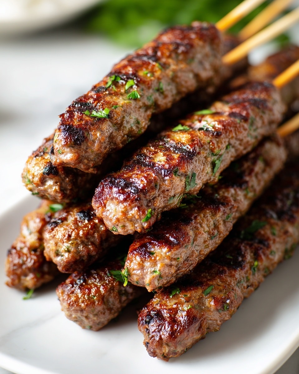 Seven long grilled meat kebabs are stacked closely on a white rectangular plate. Each kebab is on a thin wooden skewer, showing a dark brown, slightly shiny surface with visible grill marks and small green herb flecks throughout. The texture looks juicy and rough with a slightly charred outside. The plate rests on a white marbled surface with a soft, blurred background hinting at some bowls or dishes. Photo taken with an iphone --ar 4:5 --v 7