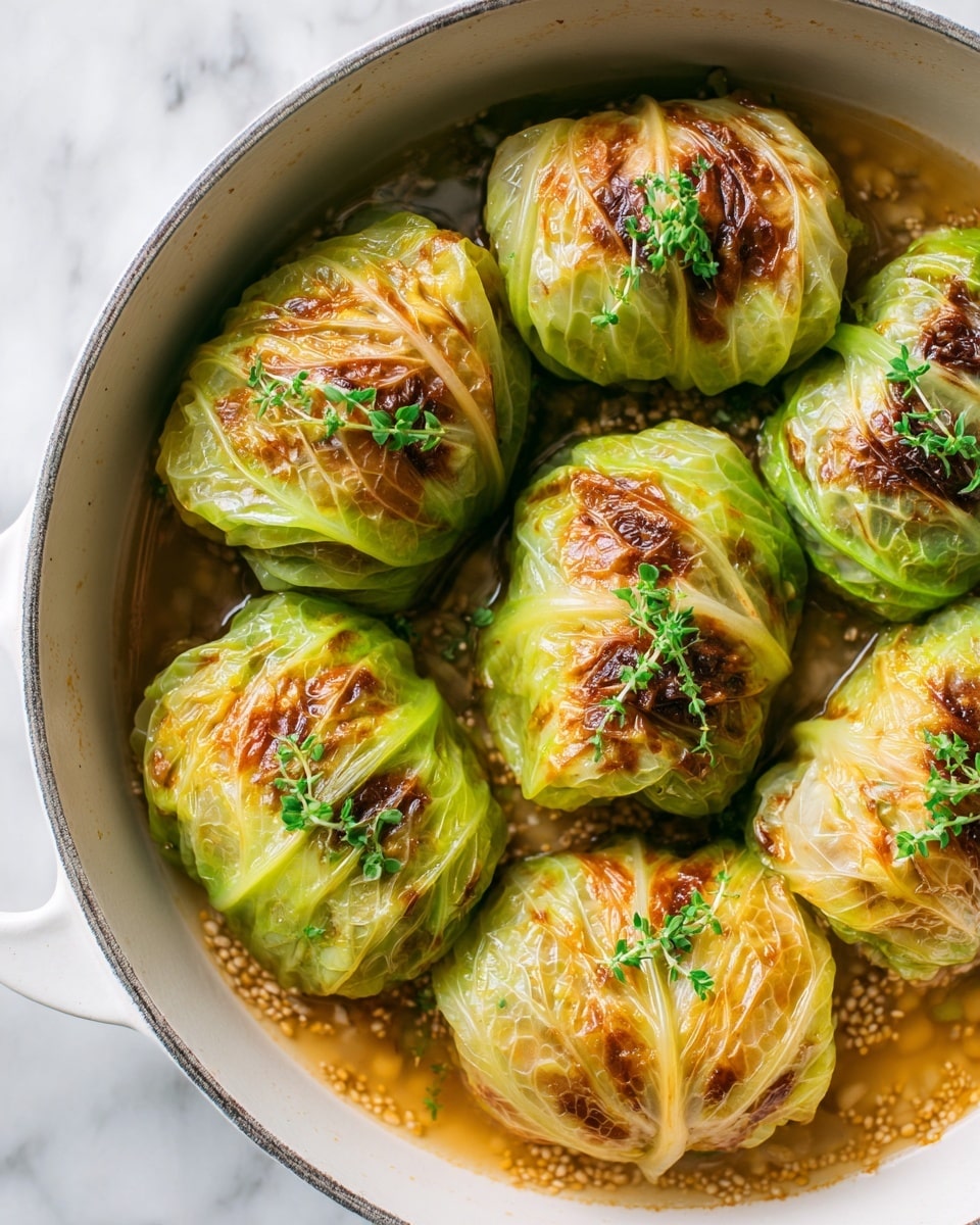 The image shows seven rolled cabbage rolls tightly packed in a white pan, each roll wrapped in soft, translucent green cabbage leaves with browned, slightly crispy edges and spots. The rolls sit in a light brown sauce with visible small grains or seeds scattered around and on top. The cabbage rolls are garnished with small green herb pieces, adding a touch of fresh color on the golden-brown surface. The photo is captured on a white marbled texture background. photo taken with an iphone --ar 4:5 --v 7