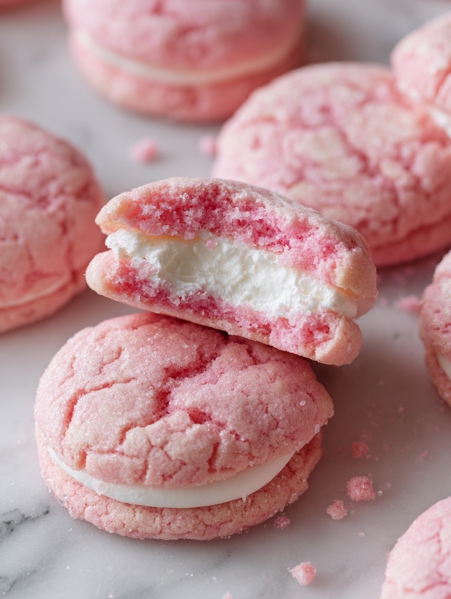 A close-up view of several round, soft pink cookies stacked on a white marbled surface, with one cookie cut in half and placed on top, revealing a thick, creamy pale yellow filling inside. The outer pink cookie layer looks fluffy and slightly crumbly, with a textured surface dusted with sugar grains. The creamy filling inside is smooth and dense, contrasting with the vibrant pink outer layer in color and texture. photo taken with an iphone --ar 4:5 --v 7