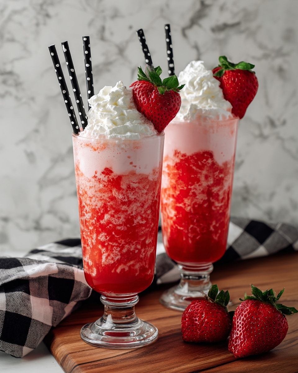 Two tall clear glasses hold a layered strawberry drink with three visible layers: a bottom light pink layer, a middle vivid red layer with icy texture, and a top layer of white whipped cream. Each glass is garnished with a fresh red half strawberry with green leaves, placed on the whipped cream. A black straw with large white polka dots stands upright in each glass. The glasses rest on a wooden surface with a black and white checkered cloth partially visible behind them, set against a white marbled texture. Two whole bright red strawberries with green leaves lie in front of the glasses. photo taken with an iphone --ar 4:5 --v 7