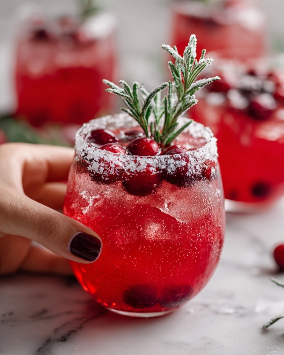 A close-up of a red drink in a rounded clear glass with a thick sugar rim on top, filled with a bright red liquid and several whole red cranberries floating on the surface, garnished with a frosty sprig of green rosemary standing upright in the center. A woman's hand with dark red nail polish is holding the glass from the side. The background shows more glasses with similar drinks, all set on a white marbled surface. The glass has condensation drops on the outside, adding a fresh and cold look. photo taken with an iphone --ar 4:5 --v 7