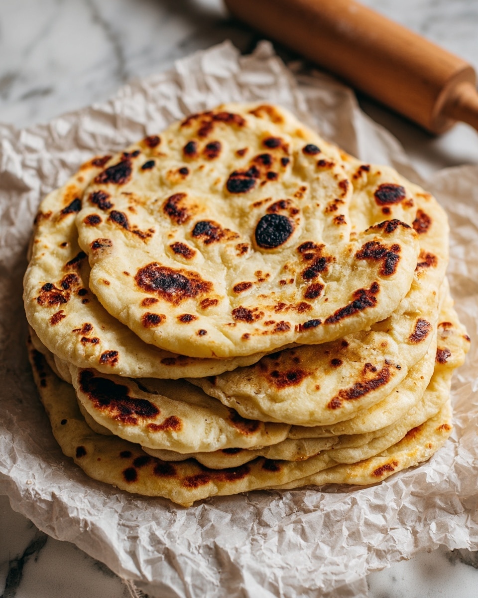 A stack of seven flatbreads with a slightly uneven oval shape, each layer showing a golden brown to dark brown charred spots on a creamy white surface. The flatbreads look soft and slightly puffy with air bubbles and uneven textures visible on top layers, resting on crumpled white parchment paper placed on a white marbled surface. The top flatbread is slightly lifted, showing multiple layers neatly stacked beneath it. Photo taken with an iphone --ar 4:5 --v 7