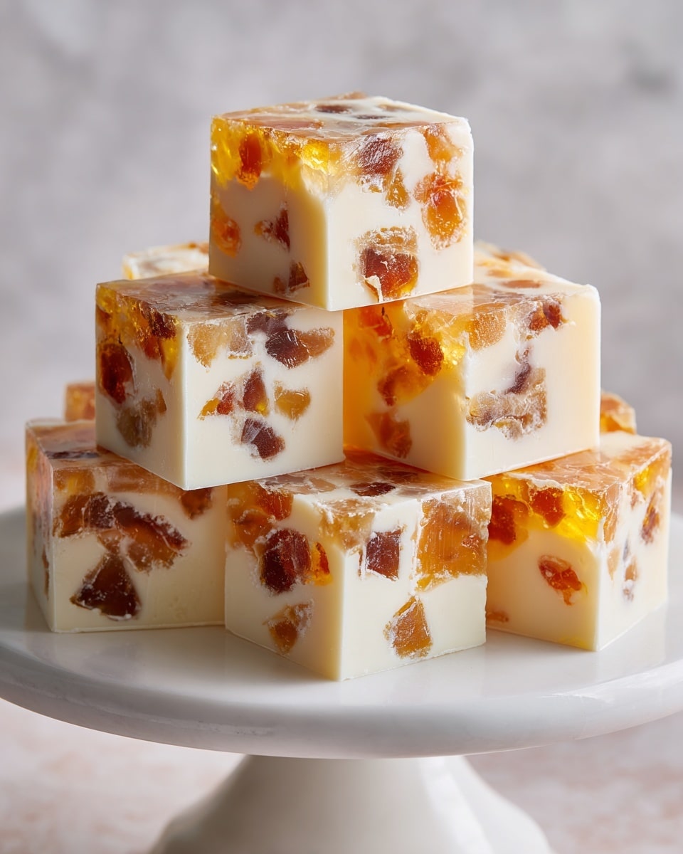 The image shows a stack of six square jelly pieces on a white cake stand with a smooth, glossy finish. Each piece contains a creamy, off-white base layer filled with uneven, chunky, translucent brown jelly chunks scattered throughout. The jelly has a slightly shiny surface and a soft, gel-like texture, while the creamy base appears smooth and firm. The stack forms a small pyramid shape with the cubes resting closely together, highlighting the contrast between the white base and the darker brown chunks inside. The background is a white marbled texture. photo taken with an iphone --ar 4:5 --v 7