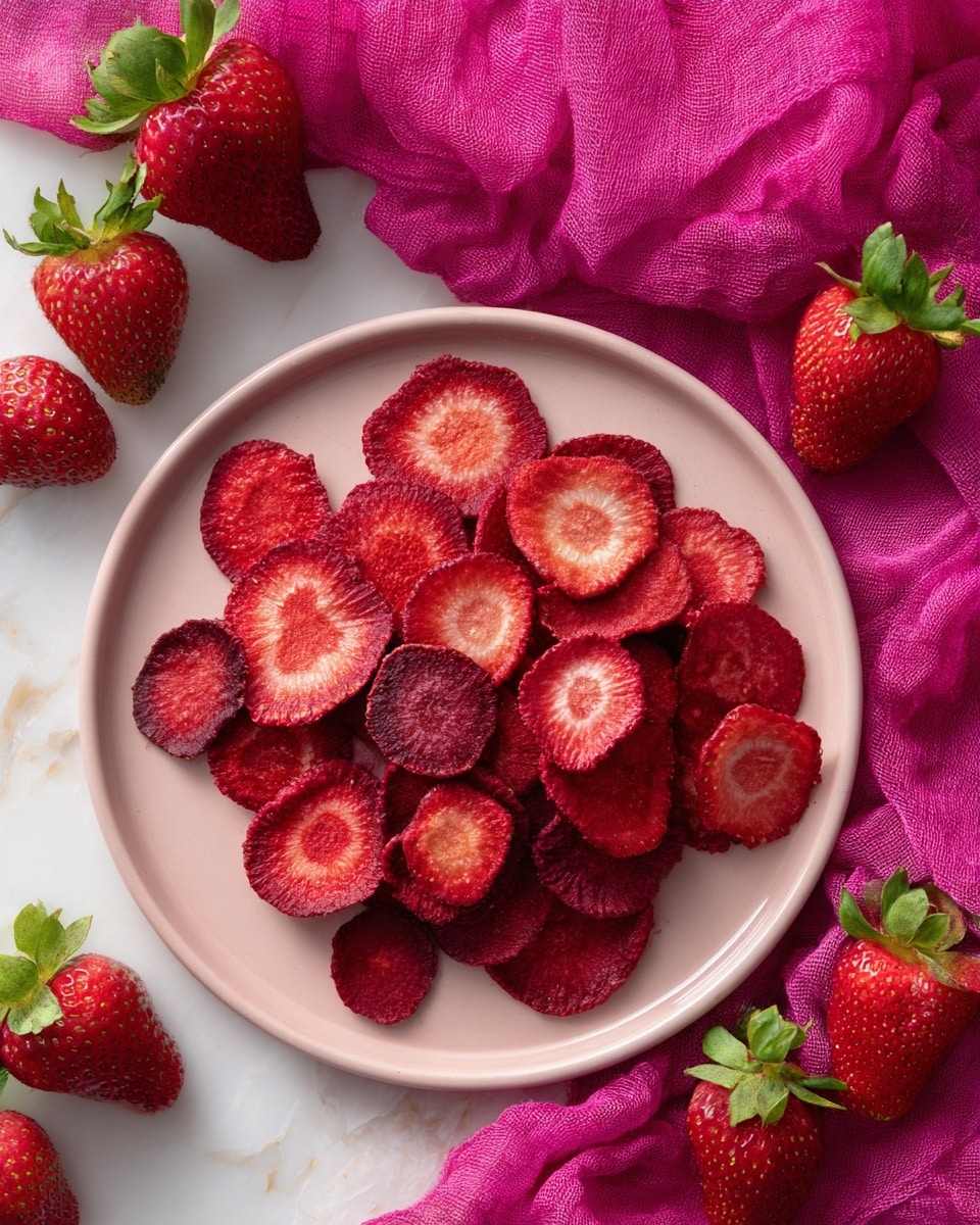 A pile of thin, round, dried strawberry slices in varying shades of red, laid in a loose, uneven layer on a smooth, pale pink plate positioned centrally on a white marbled surface. The strawberry slices show details of seeds and some slightly curled edges, revealing a crisp texture. Fresh whole strawberries with green leaves are placed near the plate at the top right and bottom left corners. Bright pink cloths with a soft, textured fabric are casually arranged near the plate, adding vibrant color contrast. The lighting is bright and natural, enhancing the red hues of the strawberries and the soft surface colors. photo taken with an iphone --ar 4:5 --v 7