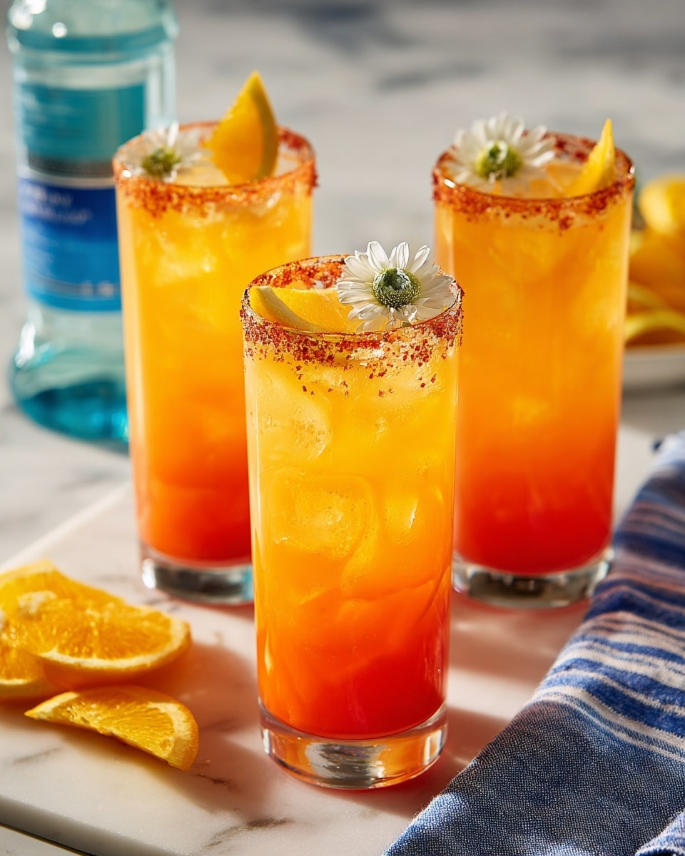 Three tall clear glasses filled with a layered orange and red drink, with the orange layer on top blending into the red layer at the bottom. Each glass rim is coated with a reddish spice, and the front glass is topped with a small white flower and a twisted orange peel resting on the rim. The drinks sit on a wooden table against a white marbled texture background, with a folded blue and white striped cloth and lemon slices nearby. Photo taken with an iphone --ar 4:5 --v 7