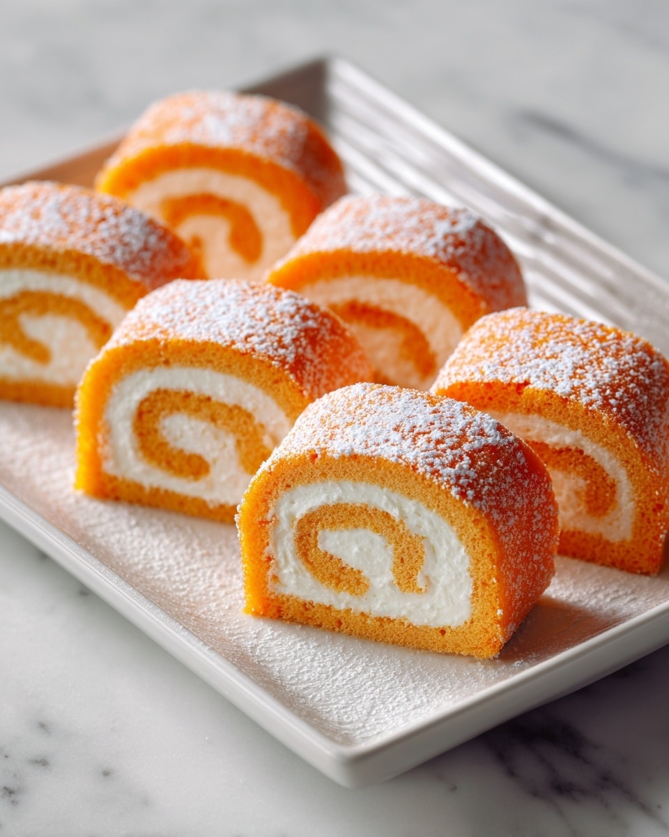 The image shows a clear rectangular glass dish filled with small orange and white rolled cakes arranged in neat rows. Each roll has a smooth, bright orange outer layer with a soft, creamy white swirl inside. The texture looks soft and spongy, with a light dusting of powdered sugar adding a frosted effect on top. The background surface is a white marbled texture. Photo taken with an iphone --ar 4:5 --v 7