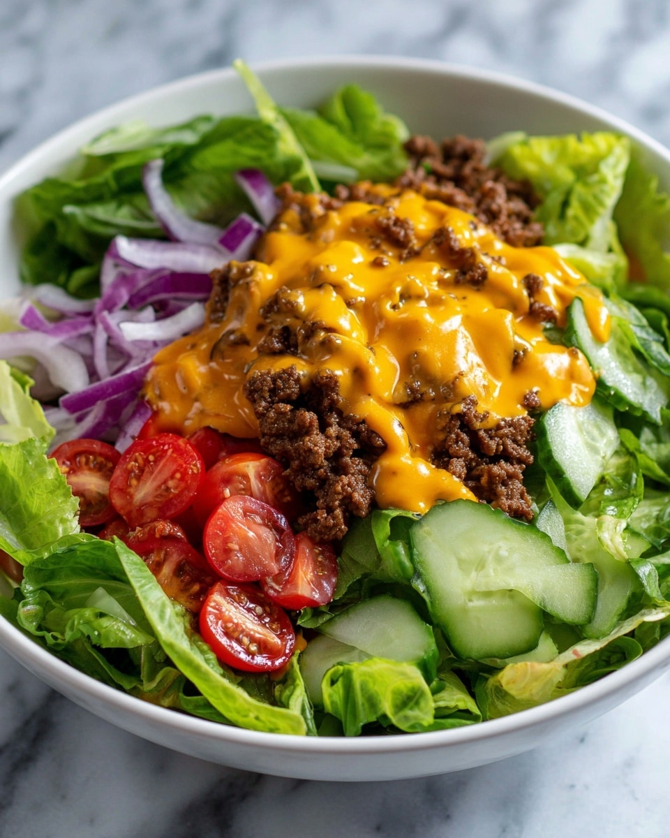 A white bowl filled with a layered salad starting with a base of fresh green lettuce leaves, followed by sliced red cherry tomatoes and thin rings of purple onion scattered on top. Above this, there is a generous layer of finely crumbled cooked ground beef, rich brown in color with a slightly crispy texture. The dish is finished with melted yellow cheddar cheese drizzled over the beef, and small bits of green cucumber peeking through the layers. The bowl sits on a white marbled surface. photo taken with an iphone --ar 4:5 --v 7