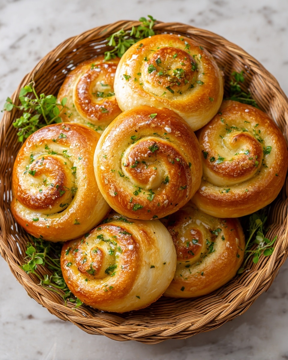 A basket filled with eight golden brown spiral bread rolls, each roll having two visible layers of soft dough that swirl inward to a slightly glossy center topped with small green herb sprinkles. The bread's outer layer shines with a light glaze, giving a golden crust look, while the inner layers are pale and fluffy. Fresh green herb sprigs decorate the top corners of the basket, adding a touch of color and freshness. The basket is woven in natural shades of brown, contrasting against the white marbled textured surface beneath it. Photo taken with an iphone --ar 4:5 --v 7