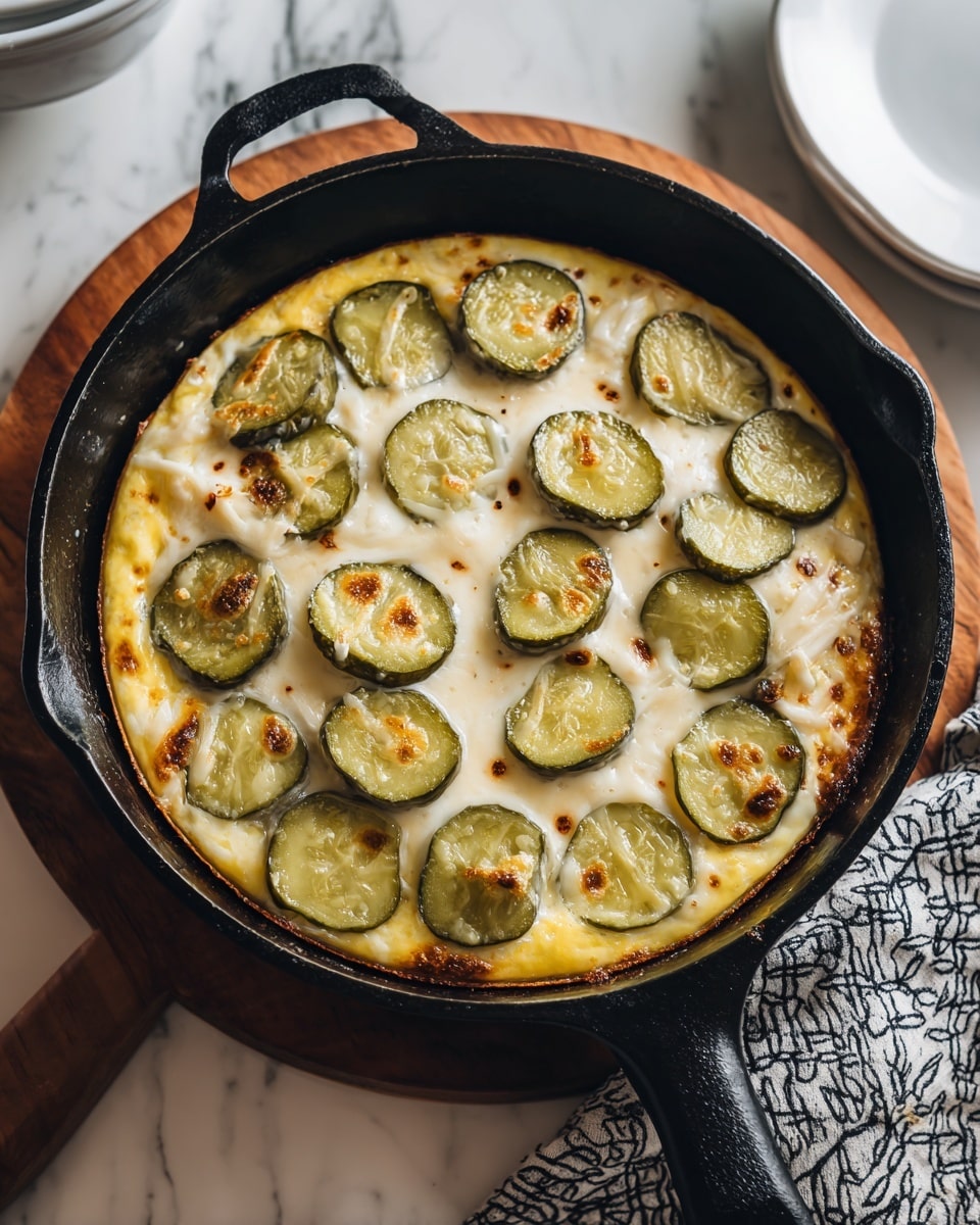 This image shows a baked dish in a black cast iron skillet on a white marbled surface with a wooden board beneath it. The dish has three visible layers: the bottom layer is golden yellow, likely fluffy eggs or a custard base, topped with a middle layer of melted white cheese with a slightly golden-brown bubbly texture. On the top layer, evenly spaced, there are green pickle slices with a slight shine, giving the dish a decorative look. The edges of the dish near the skillet are slightly browned and crisp. Photo taken with an iphone --ar 4:5 --v 7