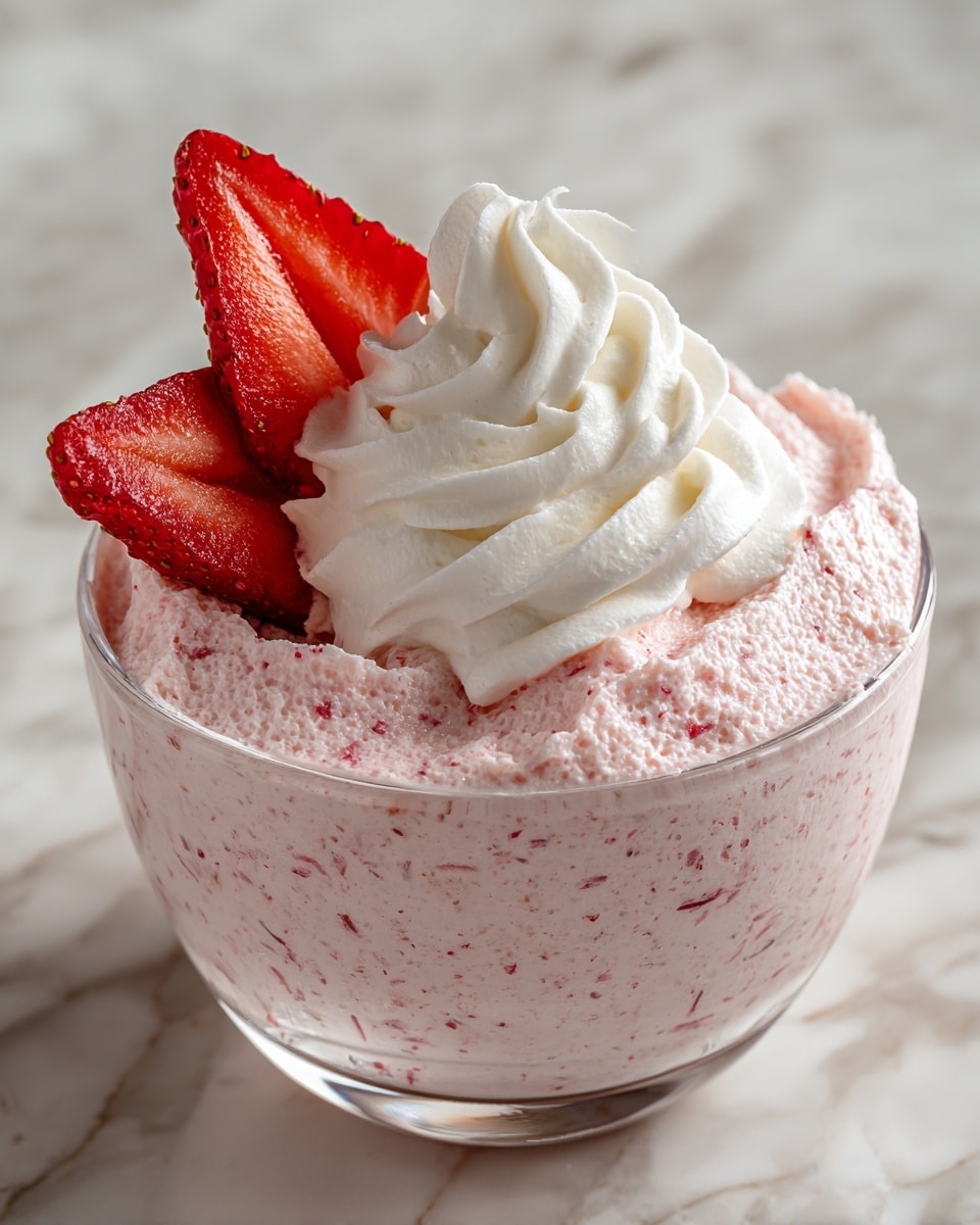 A clear glass bowl holds a creamy pink mixture with visible strawberry bits, forming the bottom layer that looks soft and slightly whipped. On top of this pink base is a thick swirl of white whipped cream with smooth, soft peaks. Two bright red, fresh strawberry slices are placed upright on one side of the whipped cream, adding a pop of color. The bowl sits on a white marbled surface with a soft, blurred background. photo taken with an iphone --ar 4:5 --v 7