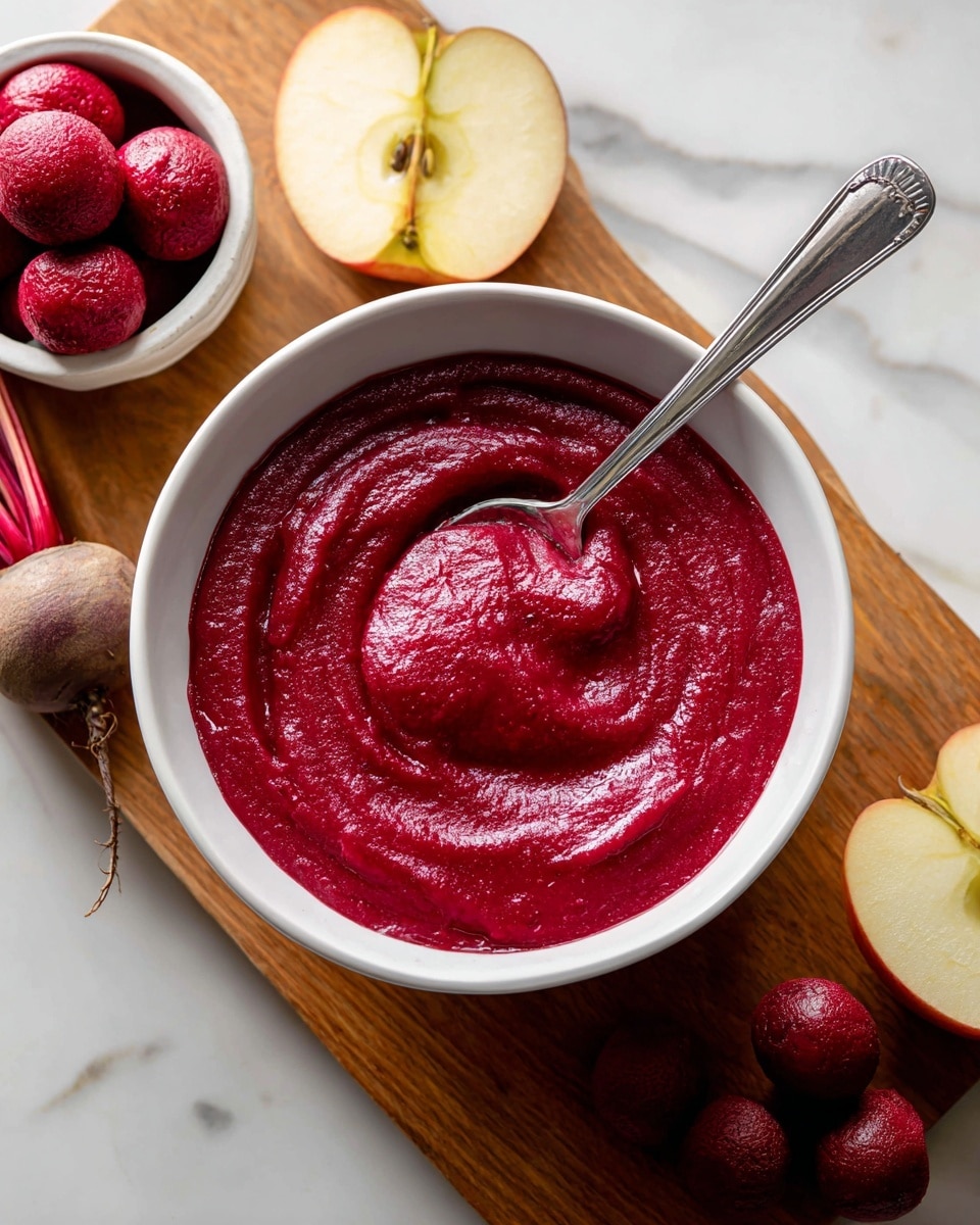 A close-up view of a thick, bright red beet sauce in a white bowl placed on a wooden cutting board; the sauce's texture is smooth but slightly chunky with a spoon partially dipped inside. Around the bowl are fresh beet roots with deep purple skin and red stems, a sliced light yellow apple showing its juicy interior, and some round red coated treats in a white bowl, all resting on a white marbled surface. Photo taken with an iphone --ar 4:5 --v 7