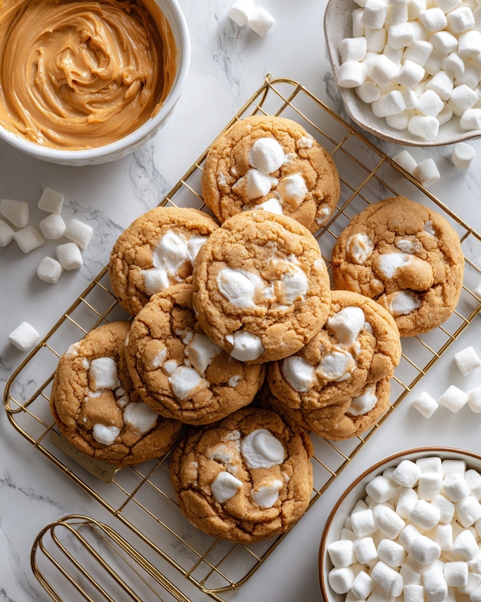 A group of round, light brown cookies with melted white marshmallows visible inside and on top are spread out on a golden cooling rack. To the left, a white bowl filled with creamy peanut butter is partially visible, and at the bottom, there is a white bowl filled with small white marshmallows. A silver spatula rests on the right side of the rack. The background is a white marbled texture with a reddish tone beneath the cooling rack. photo taken with an iphone --ar 4:5 --v 7