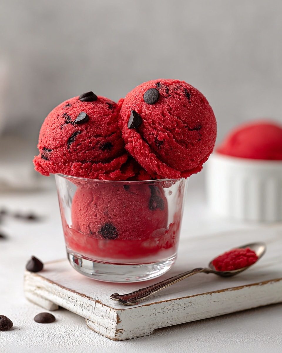 The image shows a clear glass cup filled with two scoops of bright red ice cream, each scoop covered with small, dark chocolate chips scattered on top and around the ice cream. The ice cream has a smooth yet slightly crumbly texture. The glass cup is placed on a white marbled surface, with a few chocolate chips scattered nearby. The background shows a blurred spoon and bowl, emphasizing the rich red color of the ice cream. photo taken with an iphone --ar 4:5 --v 7