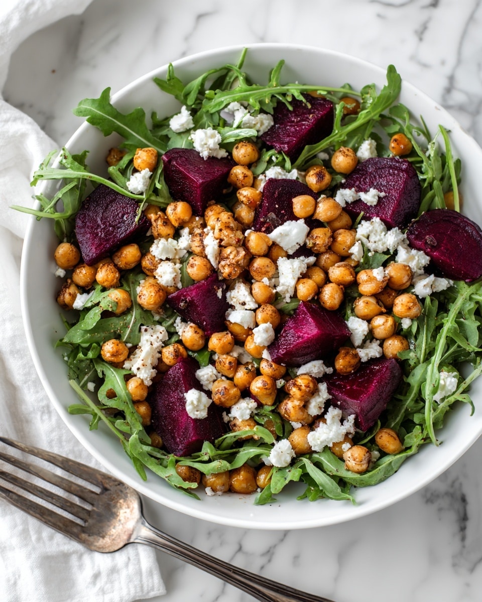 A white bowl filled with a fresh salad, showing three main layers: at the bottom, there is a bed of green leafy arugula, providing a bright, natural green base; above that are scattered roasted chickpeas, round and golden brown, adding texture and warmth; the top layer consists of deep red roasted beet slices, cut thick, mixed with small, soft white crumbles of goat cheese spread evenly over the salad. The salad is lightly sprinkled with black pepper and fresh herbs, and a silver fork lies on the right side of the bowl. The background is a white marbled surface. Photo taken with an iphone --ar 4:5 --v 7