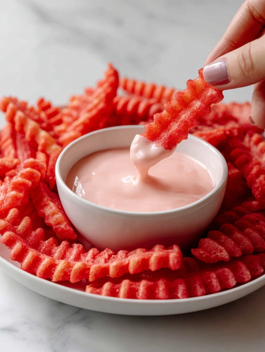 A close-up image shows a white bowl full of bright red crinkle-cut fries arranged in layers around a small white dipping bowl filled with light pink sauce. A woman's hand holds one fry dipped halfway in the sauce, showing the thick, creamy texture of the pink dip on the fry's ridged surface. The background has a white marbled texture. photo taken with an iphone --ar 4:5 --v 7