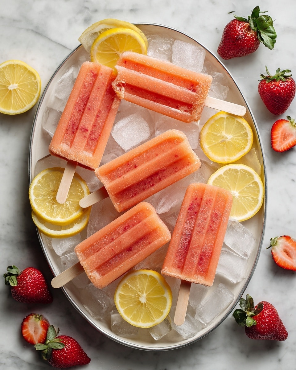 Five strawberry and lemon popsicles with visible pieces of red strawberries inside are placed on a silver tray filled with ice cubes and slices of bright yellow lemon. The popsicles show a frosty texture and are light pink to peach in color. There are halved fresh strawberries with green tops on the tray and around it. The tray sits on a white marbled surface, and a corner of a pink and white striped cloth is partially visible at the bottom left. photo taken with an iphone --ar 4:5 --v 7