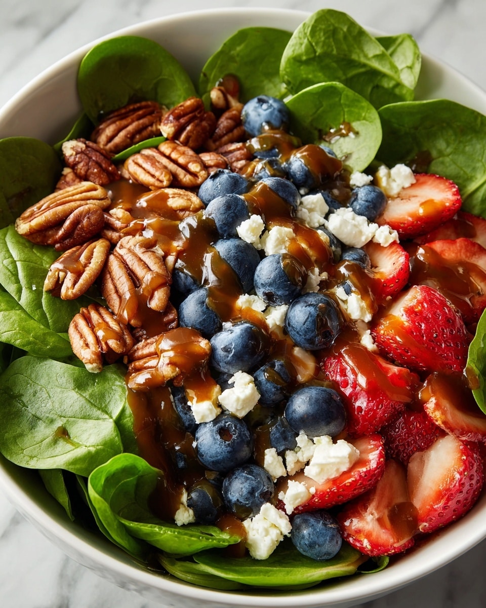 A close-up view of a white bowl filled with a fresh salad, showing three main layers: the base layer consists of bright green spinach leaves with smooth, slightly shiny texture; the middle layer is made up of whole, plump blueberries and red strawberries cut in halves, adding blue and red color contrasts; the top layer contains larger brown pecan nuts and small white crumbles of cheese, drizzled with a glossy brown dressing that gives a slightly sticky look across the ingredients. The bowl rests on a white marbled surface. photo taken with an iphone --ar 4:5 --v 7