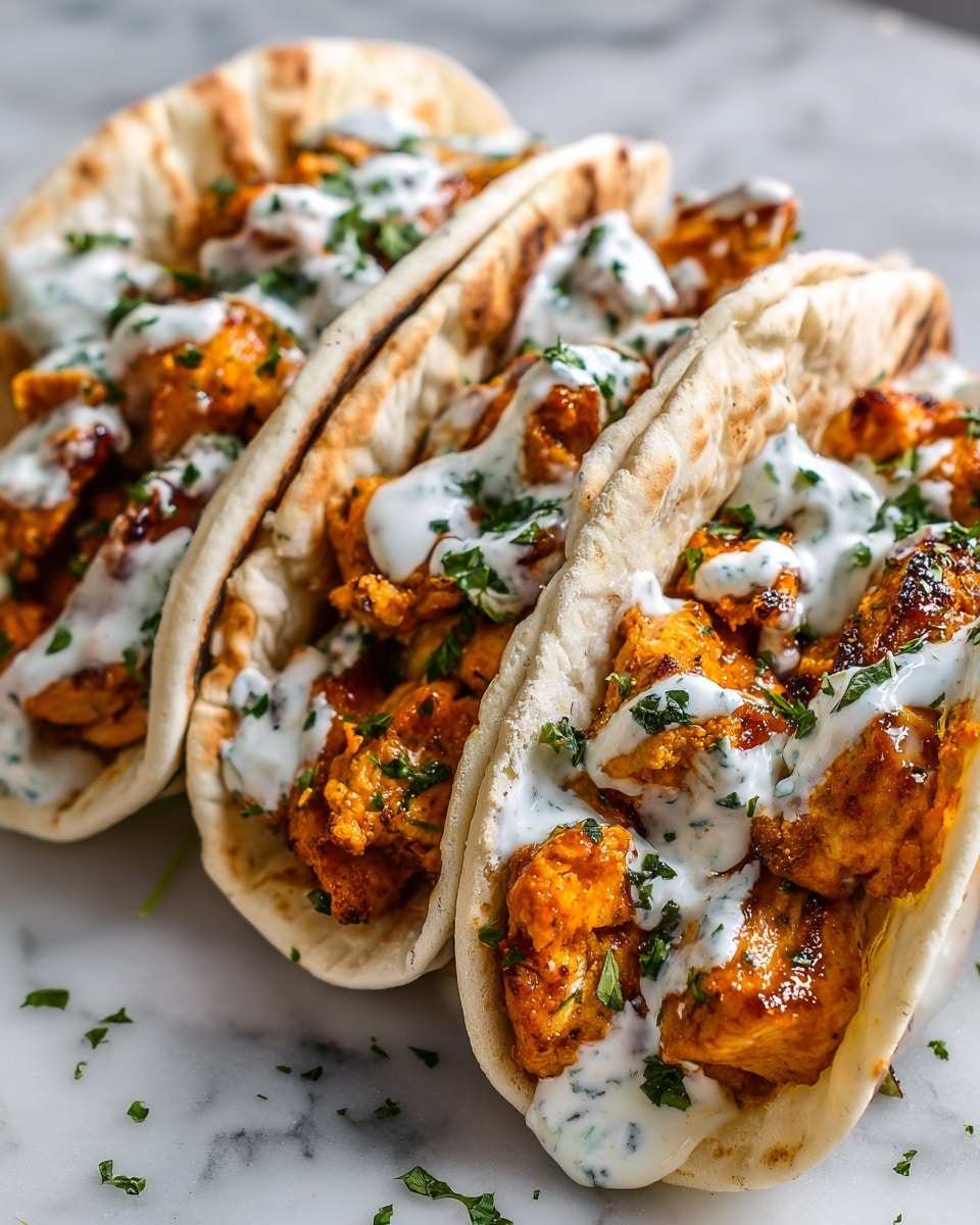The image shows soft, thick pita bread folded and filled with layers of bright orange grilled chicken pieces, with a slightly charred texture. On top of the chicken, there is a creamy light green herb ranch sauce drizzled generously, speckled with small herbs. Fresh green chopped herbs are sprinkled over the chicken and sauce, adding a fresh contrast. The pitas rest on a white marbled surface, and the edges of the bread have light brown toasted spots. The close-up view highlights the textures of the bread, chicken, and sauce in clear detail. photo taken with an iphone --ar 4:5 --v 7