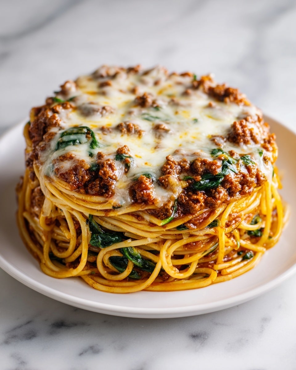 A tall stack of spaghetti pasta is layered generously with cooked ground meat sauce mixed with wilted spinach throughout. The top layer is covered with melted cheese, slightly browned. The dish is served on a simple white plate with a white marbled surface underneath. The sauce looks rich and thick, with a slight oily shine, and the pasta strands are intertwined tightly, showing a warm, home-cooked feel. Photo taken with an iphone --ar 4:5 --v 7