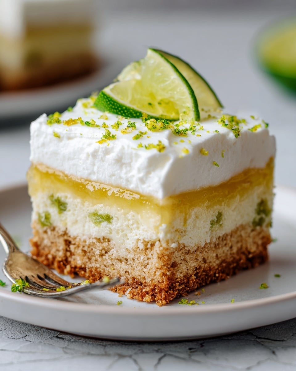 A square slice of dessert with three layers is shown on a white plate. The bottom layer is a light brown cake with visible green spots inside, rough and crumbly in texture. The middle layer is a thick, glossy yellow filling that looks like lemon or lime jelly. The top layer is a smooth, thick white cream with a slightly fluffy texture. A thin green slice of lime is placed on top as decoration. The plate sits on a white marbled surface with blurred lime slices in the background. Photo taken with an iphone --ar 4:5 --v 7