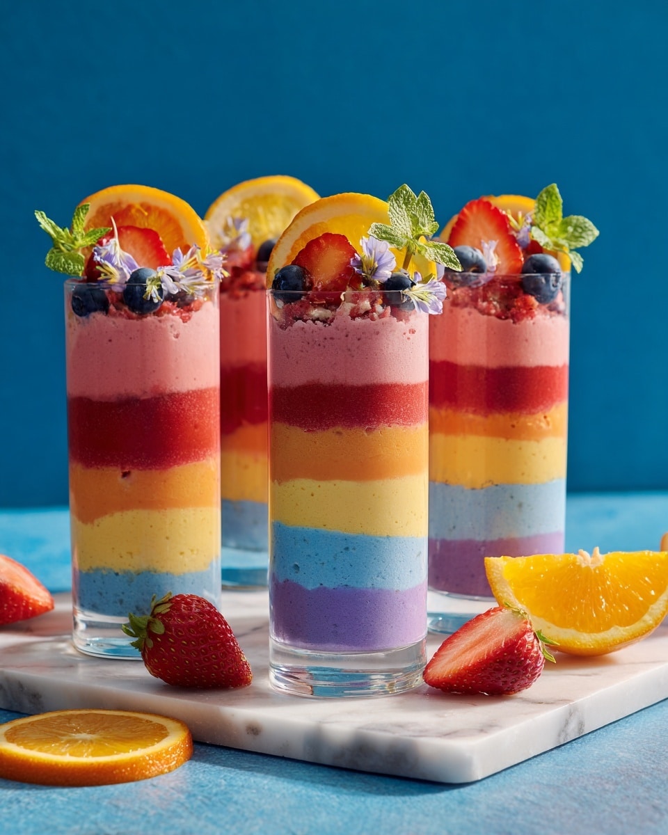 The image shows three tall clear glasses filled with six colorful layers of smoothie, stacked vertically. From top to bottom, the layers are light pink, orange, pale yellow, light blue, light purple, and bright red. The front glass is garnished on top with fresh fruits including blueberries, a strawberry slice, an orange segment, and two small green leaves. The glasses are set on a white marbled surface with a blue background. Around the glasses, there are fresh halved oranges and a sliced strawberry with a woman's hand reaching from the side. A blue-striped straw lies next to the front glass. photo taken with an iphone --ar 4:5 --v 7
