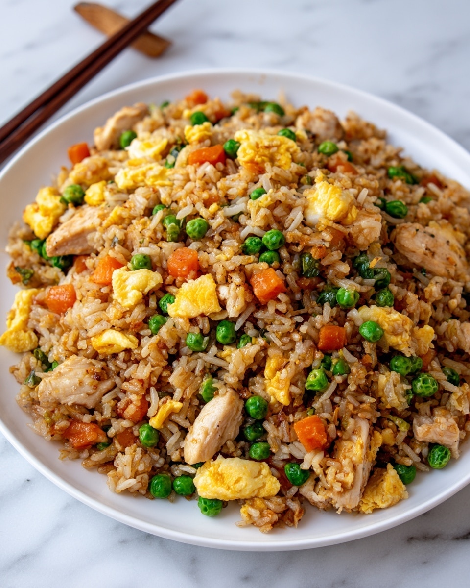 A close-up photo of a small pile of fried rice on a white plate, with visible layers of golden scrambled eggs, orange carrot cubes, bright green peas, yellow corn kernels, and light brown pieces of chicken mixed in. The rice grains are light brown and look soft and slightly oily, with the vegetables and chicken evenly spread throughout the mound. The scene is set against a white marbled surface. Photo taken with an iphone --ar 4:5 --v 7