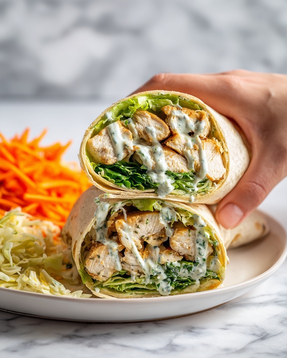 The image shows a close-up of a cut chicken wrap with two visible layers. The wrap is light brown with small toasted spots, holding fresh green lettuce leaves at the top layer. Underneath the lettuce, there are chunky pieces of cooked chicken, white with light brown edges. The chicken is covered by a creamy white sauce with visible green herb bits. The wrap is placed on a white plate, and blurred orange and yellow food can be seen in the background. A woman's hand is holding the wrap from the side. The surface beneath is a white marbled texture. Photo taken with an iphone --ar 4:5 --v 7