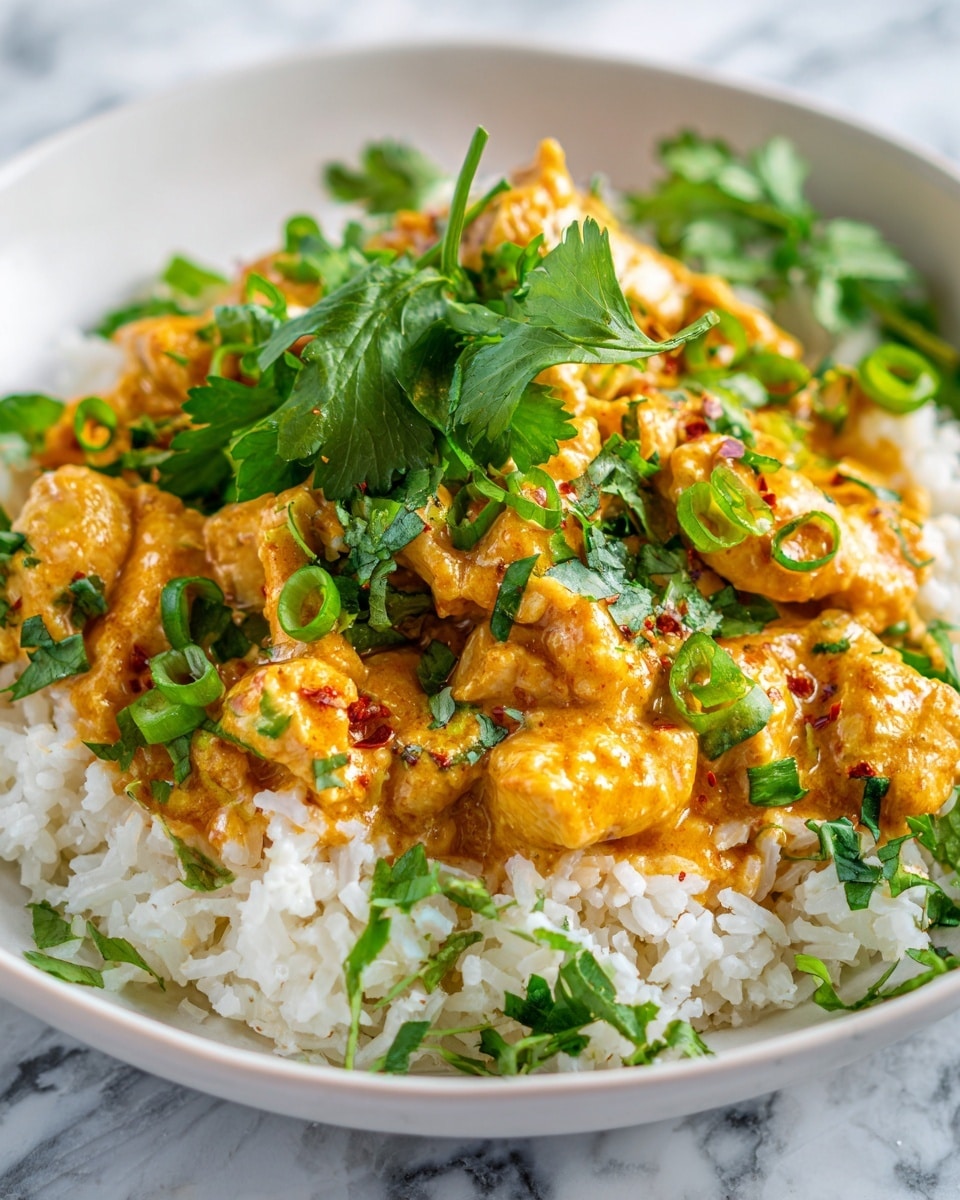 A close-up image of a white plate filled with a layer of white rice at the bottom, topped with a thick orange creamy sauce mixed with small pieces of chicken. On top of the chicken and sauce are chopped green onions and fresh green cilantro leaves scattered evenly, adding texture and color contrast. The dish looks warm and vibrant, set against a white marbled surface. photo taken with an iphone --ar 4:5 --v 7