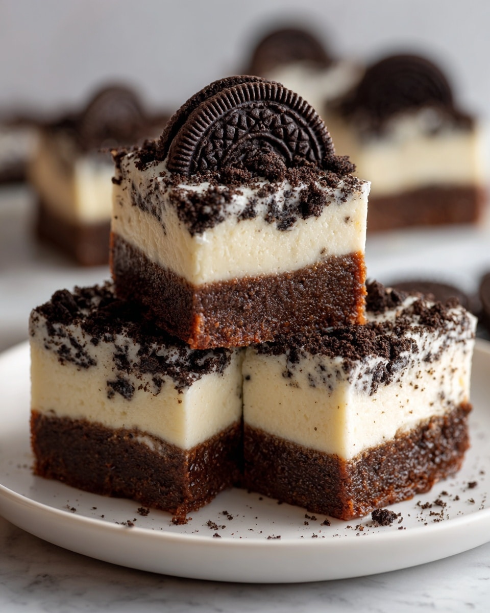 The image shows three square pieces of dessert stacked on a white plate, set against a white marbled texture. Each piece has two layers: a dark brown, dense-looking crumbly base, and a thick, creamy off-white layer with scattered dark cookie crumbs mixed in. The top is sprinkled with extra dark cookie crumbs, and the center piece is topped with a halved dark cookie with a cream center. The creamy layer looks smooth and soft, contrasting with the crumbly texture of the bottom layer. Photo taken with an iphone --ar 4:5 --v 7