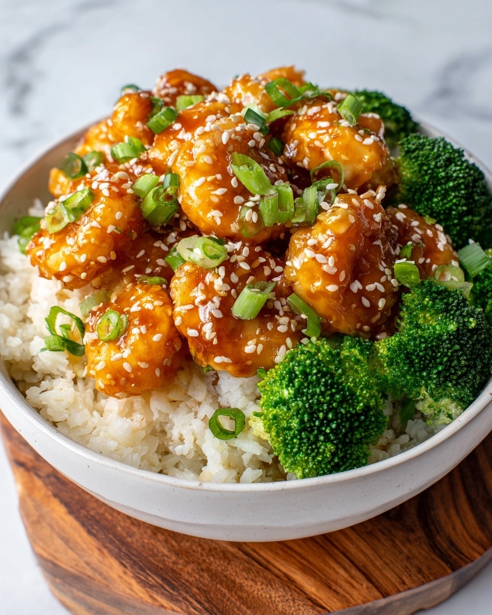A white bowl filled with three main layers: at the bottom, a bed of light beige cooked rice; on one side, bright green steamed broccoli florets; on top, a generous layer of golden-orange glazed shrimp covered in a shiny sauce sprinkled with white sesame seeds and small pieces of fresh green onion. The bowl is placed on a wooden round board over a white marbled surface. Photo taken with an iphone --ar 4:5 --v 7