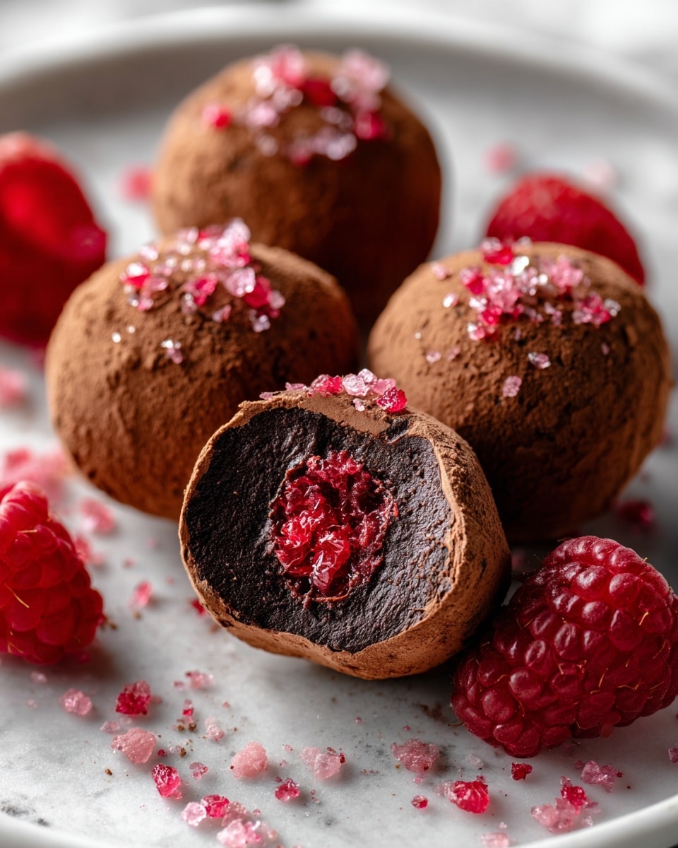 The image shows a close-up of four round chocolate truffles on a white plate with a white marbled texture. Each truffle has a rough, dark brown outer layer dusted with cocoa powder and small bits of pink crushed topping scattered on top and around them. One truffle in the front is cut open, revealing a smooth, dark chocolate layer surrounding a bright red, juicy raspberry center. Three whole, fresh raspberries are placed around the truffles, adding vibrant red color and contrasting with the deep brown of the chocolate. photo taken with an iphone --ar 4:5 --v 7