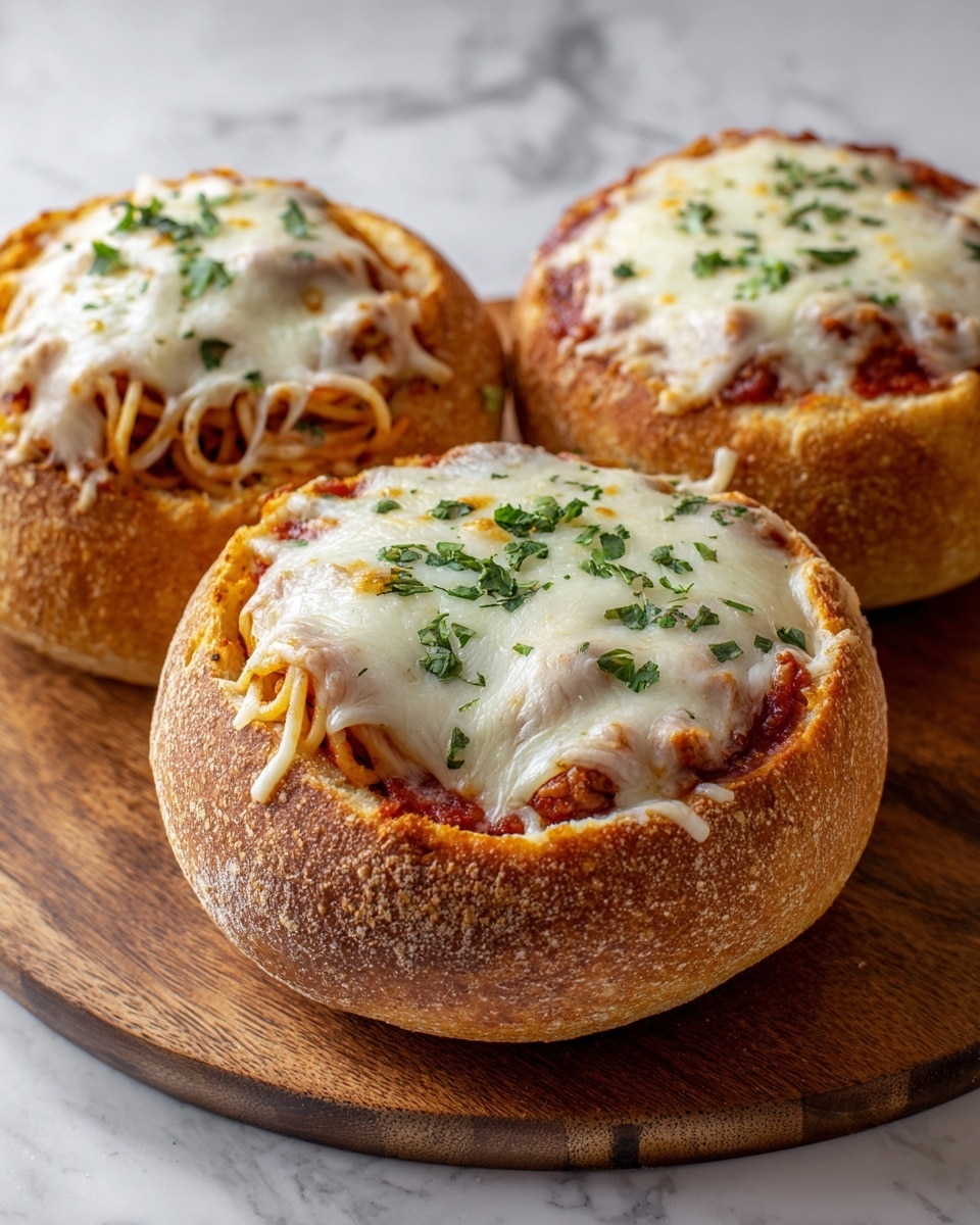The image shows small round bread bowls filled with spaghetti. Each bread bowl has a golden brown crust with a rough texture. Inside, there is a layer of cooked spaghetti noodles coated in red tomato sauce. On top of the noodles, there is a layer of melted white cheese with some browned spots, sprinkled with small green herb pieces. The bread bowls are placed close to each other on a wooden tray, set on a white marbled surface. Photo taken with an iphone --ar 4:5 --v 7