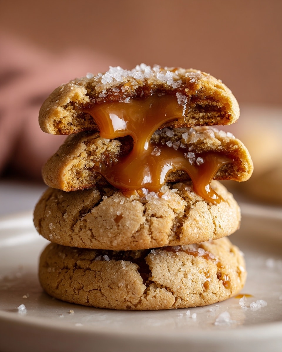 A stack of three light golden brown cookies sits on a white plate, with the top cookie broken in half to show a soft, gooey caramel center dripping slightly. The cookie's texture is crumbly yet soft, with visible coarse sugar crystals on top adding a sparkling finish. The background is blurred with warm, soft colors, and the white marbled surface beneath the plate is subtly visible. Photo taken with an iphone --ar 4:5 --v 7