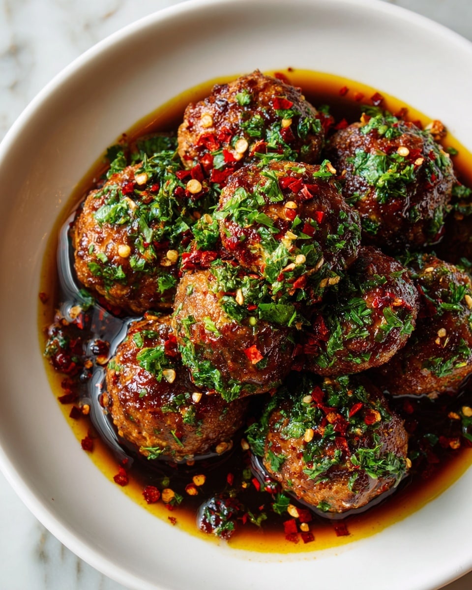 A white round plate holds a pile of about fifteen glossy meatballs covered in a rich dark brown sauce with a sticky texture. Small pieces of green herbs are sprinkled evenly over the meatballs, adding bright green color contrast. The sauce pools slightly at the base of the plate, catching light and showing a thick, slightly oily surface with red chili flakes speckled throughout. The meatballs are closely packed, creating a warm and appealing presentation on a white marbled surface. photo taken with an iphone --ar 4:5 --v 7