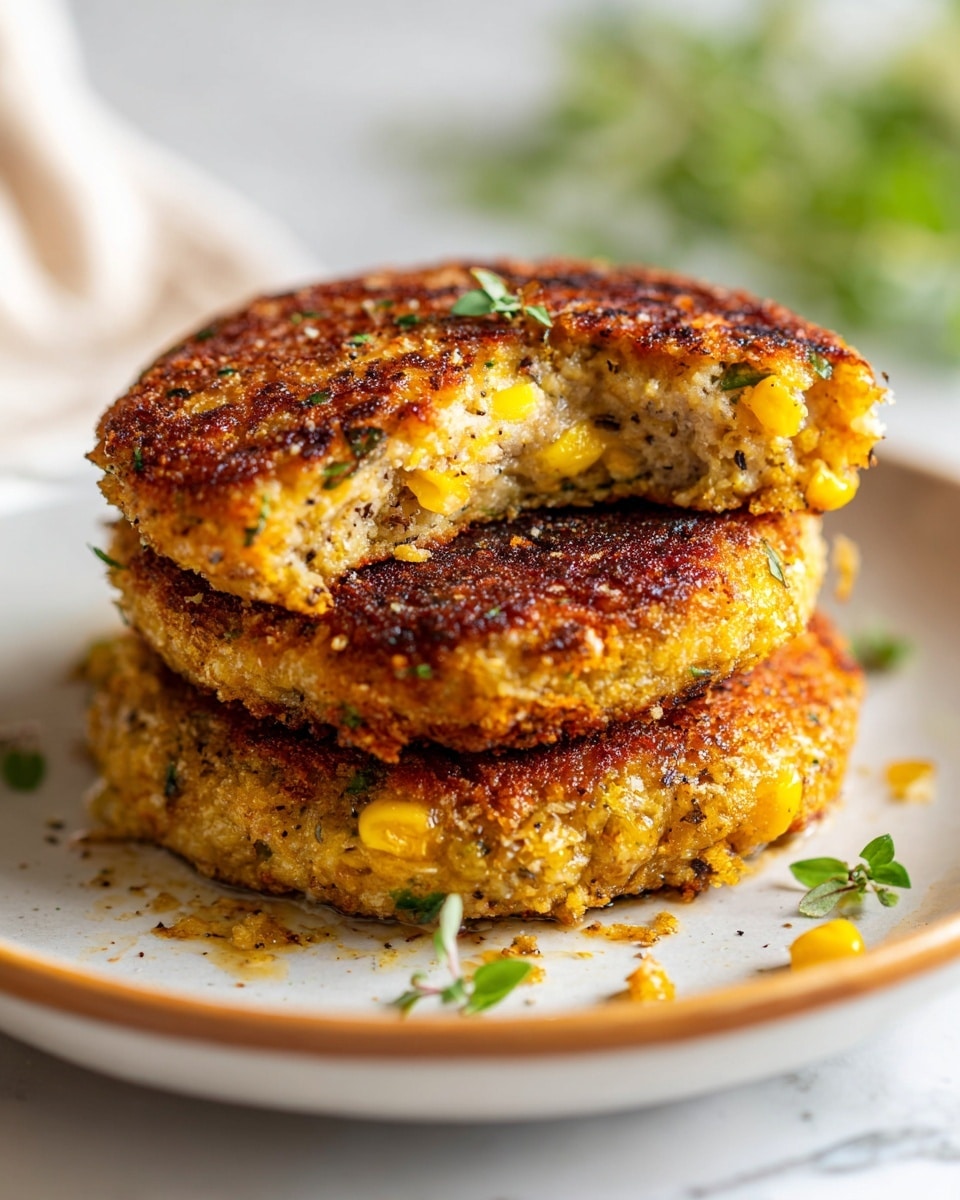 Two golden brown, breaded patties sit stacked on a white plate with a brown rim, placed on a wooden surface with a white marbled texture. The top patty has a bite taken out, revealing a soft, yellow inside with visible yellow corn kernels and small green herb bits. The patties have a crunchy, textured outer crust with some black specks. Small green herb pieces are scattered around the plate. The background is blurred with some green leafy shapes. Photo taken with an iphone --ar 4:5 --v 7